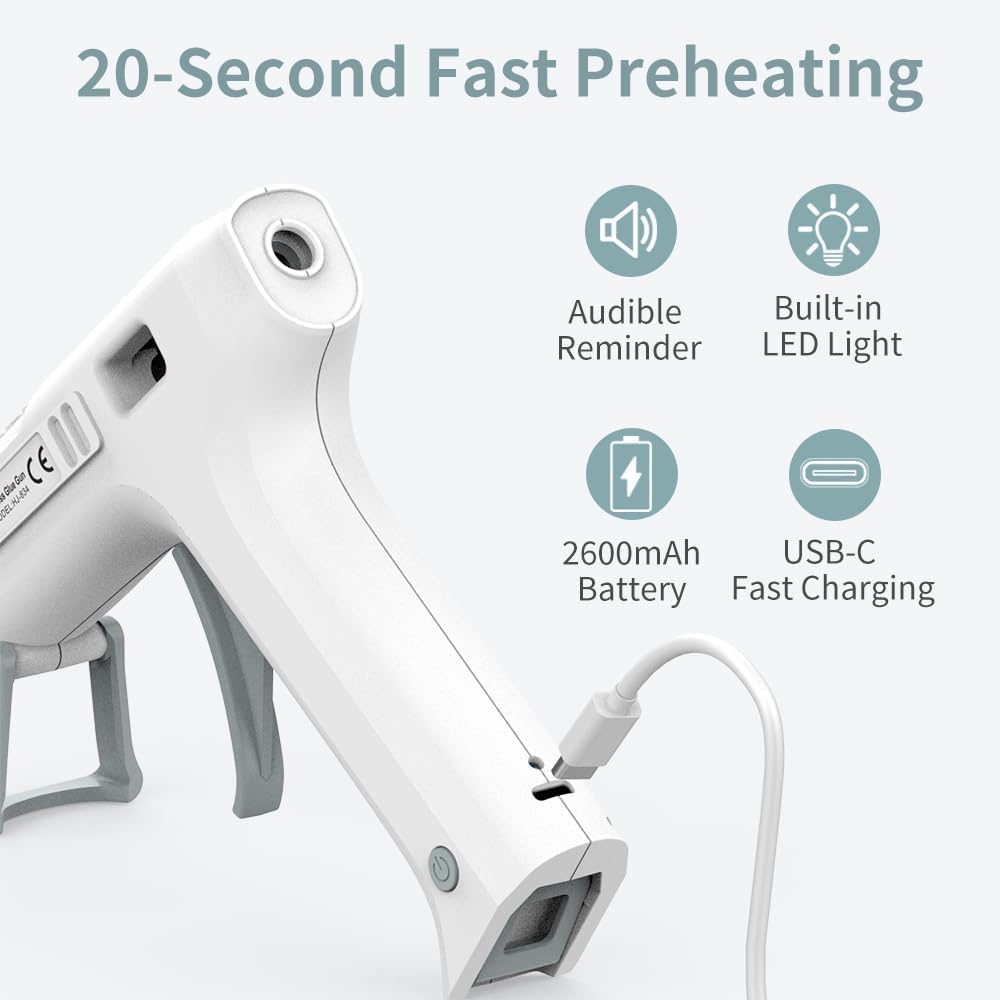 Cordless Hot Glue Gun, 20s Fast Preheat Hot Melt Glue Guns and Sticks Set, Large 2600mAh Battery, Smart Power-off Hot Glue Gun with LED light, for Crafts DIY, Toys Repair
