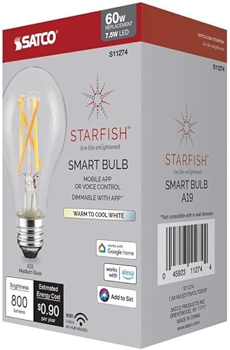 Miniatura 7 de Satco S11274 Starfish WiFi-Control A19 Bombilla LED inteligente blanca sintonizable, 7.5 vatios, 2200K-5000K