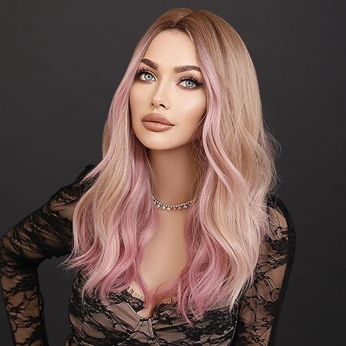 Perruque rose et blonde résistant à la chaleur avec avant en dentelle - 4