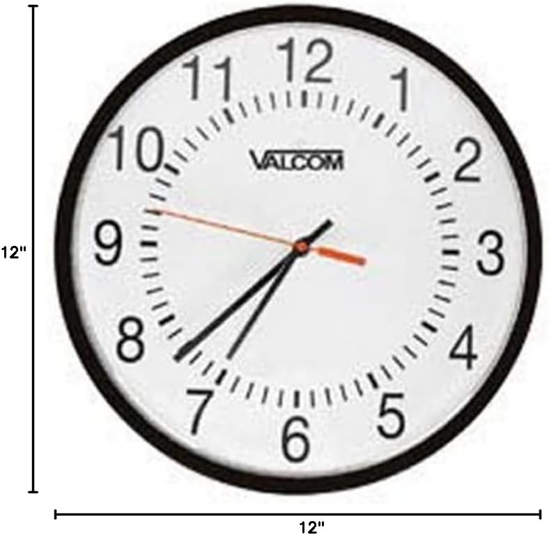 Valcom V-A11012B 12 in. Wired Black Round Analog Clock with 110V Surface Mount