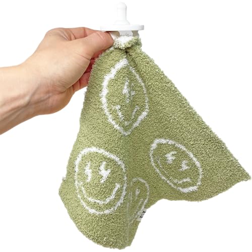Image of L+L USA Smiley Face Baby Lovey Pacifier /Teether Holder 10 inchx10 inch - DreamSoft Plush Fluffy Cuddly Soothie Reversible Mini Comfort Blanket Cute Newborn Gift Essential Babies Boys Girls (Sage Green /White)