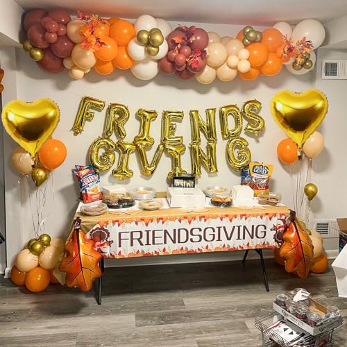 Image of Friendsgiving Balloons Friends Giving Party Decorations 16 Inches Tall Gold Heart Friendsgiving Foil Mylar Balloon Letter Banner for Fall Theme Thanksgiving Friends Party Backdrop Supplies