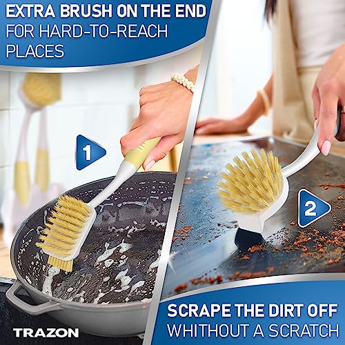 Image of Dish Brush Set of 5 with Holder - Kitchen Scrub Brushes with Non-Slip Long Handle for Cleaning, Scrubber, Dishwashing, Dishes, Bottles, Straws, Cups, Pots & Sink, Baige