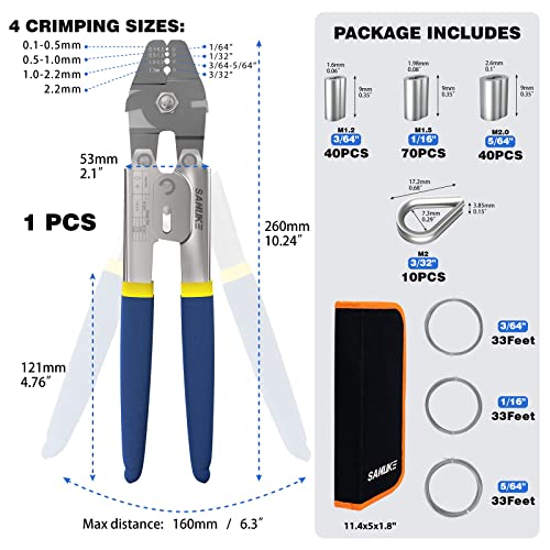 Sanuke Wire Rope Crimping Tool For 3/64 5/64 1/16 Wire Rope With Stainless Steel 304 Wire Cable 3 Sizes 33Ft And 150Pcs Sleeves Stops, 10Pcs Thimble #TOP1