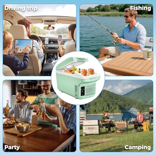 Image of Iceblue Electric Cooler with Type-C, 8 Liter /11 Cans Mini Fridge with Belt, 9V Type-C Thermoelectric Dual-use Car Refrigerator, Car Fridge for Car, Dorm, Travel, Picnic, Gift (Green)