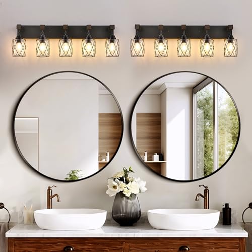 Image of Bathroom Light Fixtures, Farmhouse Wood & Black Metal with Glass Shade | 5 Light Rustic Vanity Lights, Mounted Over Mirror For Bathroom, Bedroom and Hallway, Easy To Install