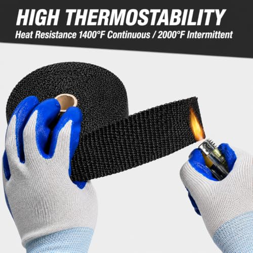 Image of 2 inch x 16 Ft Black Exhaust Heat Wrap Kit for Motorcycle Car - Fiberglass Header Wrap Heat Shield Tape with 6 Stainless Steel Ties & 2 Adjustable Clamps - Reduces Under-Hood Heat (50mm x 5m)