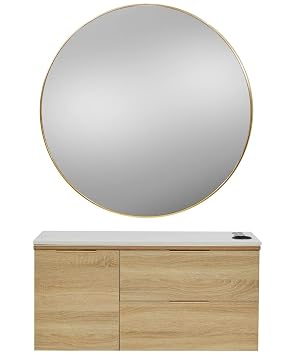 Pibbs 6002 Capri Styling Station with 34 Round Gold Mirror, Beechwood Cabinet, White Stone Top, Gold Handles, Built-in Appliance Holders, Ships Fully Assembled, PIB-6002STD-BEE