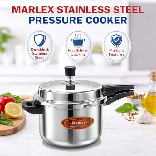 Image of Marlex Triply Stainless Steel 5 Litres Pressure Cooker with Outer Lid | Triply Steel Cooker with 3mm 3- Layer Thick Body, for Multi Cooktop Induction, Gas, Hot plate, Strong Sturdy Handle -5 Year Wrty