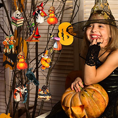 Image of 24 Pcs Halloween Wood Ornaments for Tree Vintage Halloween Decorations Hanging Sign Happy Pumpkin Witch Black Cat Skull Decorative Ornaments for Holiday Party Home Decor
