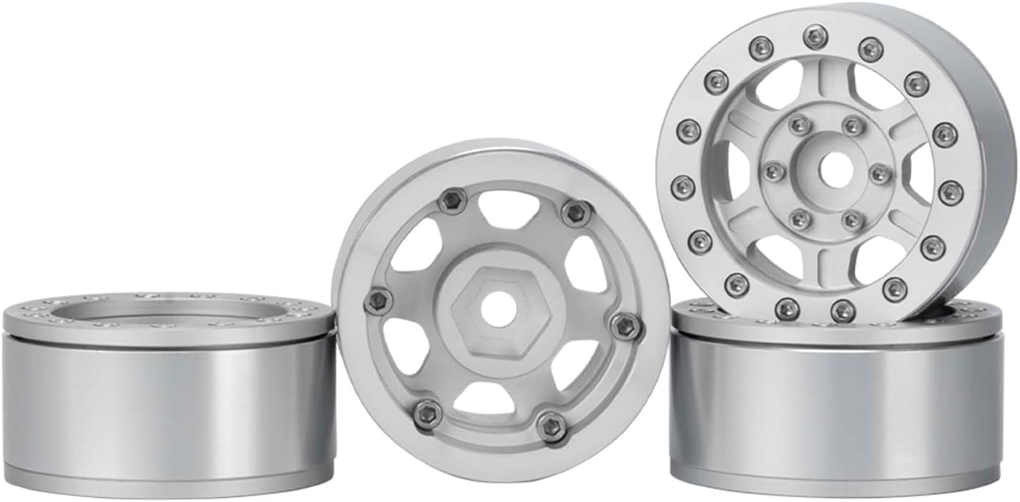 4PCS 1.55 inch Metal Beadlock Wheels Rim Hub RC Aluminum Alloy Wheel Replacement for 1:10 RC Rock Crawler Car for Axial 90069 D90 TF2 Tamiya CC01 MST JIMNY Parts (Silver)