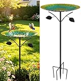 Nzkeuf Vogeltränke Stehend aus Metall, 24,5cm Vogelbad Garten Stehend, Vogeltränke Winterfest mit Erdspieß, Wassertränke für Vögel für Garten, Balkon und Terrasse(Retro Grün)