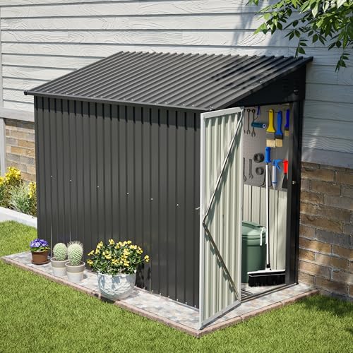 Image of YOPTO 4x8 FT Lean to Outdoor Storage Shed,Metal Shed W /Floor Frame & Reversible Installation,All Weather Waterproof Garden Tool House W /Lockable Door & 2 Air Vents,for Backyard,Patio,Lawn,Black