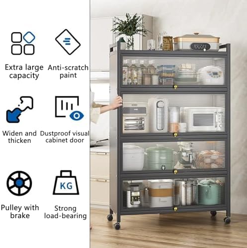 5-Tier Rolling Kitchen Storage Rack with Lockable Wheels, Metal Microwave Stand & Cabinet with Visible Door, Perfect for Organizing Cookware, Utensils, and Bowls