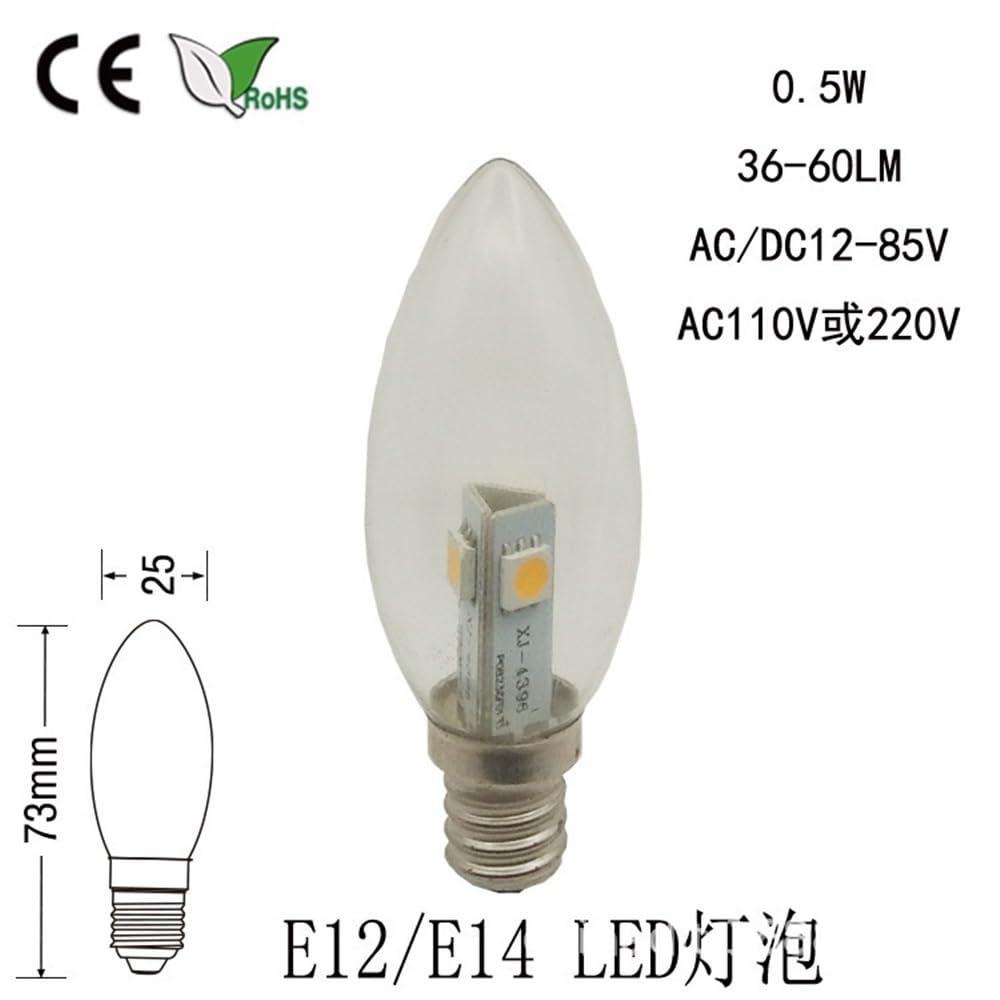 1fortunate lights, Paquete de 50 bombillas LED tipo vela, CA 220 V, C25, E14, cubierta de vidrio transparente, luces nocturnas de cristal(2700K Warm White)