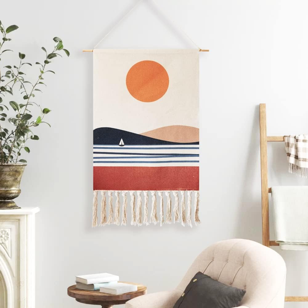 Macrame Woven Wall Tapestry Hanging Art, 20x34 Extra Large Boho Chic Bohemian Red Sun Landscape Geometric Printed Tapestries Decor for Apartment Dorm Kids Livingroom Bedroom Door Entrance (Round Sun)