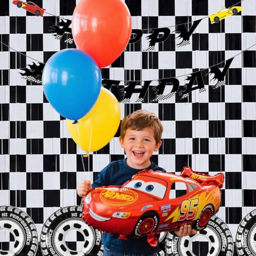 Image of Race Car Foil Curtains 3.28x6.56ft - Vibrant Checkered Decor for Race Car Birthday Party Decorations & One Happy Dude Birthday Celebrations! - 2 Packs