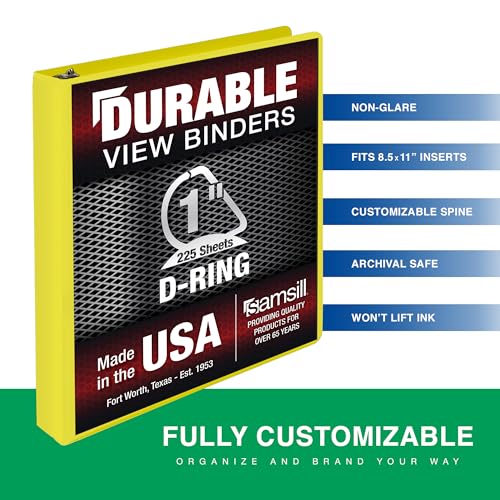 Image of Samsill Durable 1 Inch Binder, D Ring Binder, Customizable Clear View Cover, Lemon Yellow, Holds 225 Pages