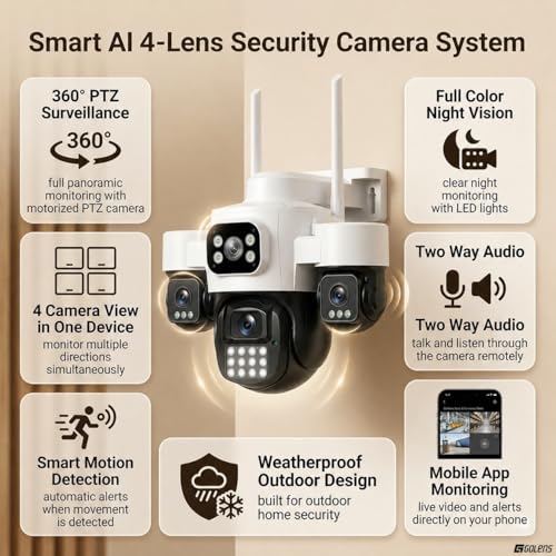 Image of Golens WC27H 4G 2MP Quad Lens Security Camera | 3-Inch 4 Lens Camera | Human Auto Tracking | Dual Light Full Color Night Vision | Built-in Mic & Speaker | TF Card Support (Up to 256GB)