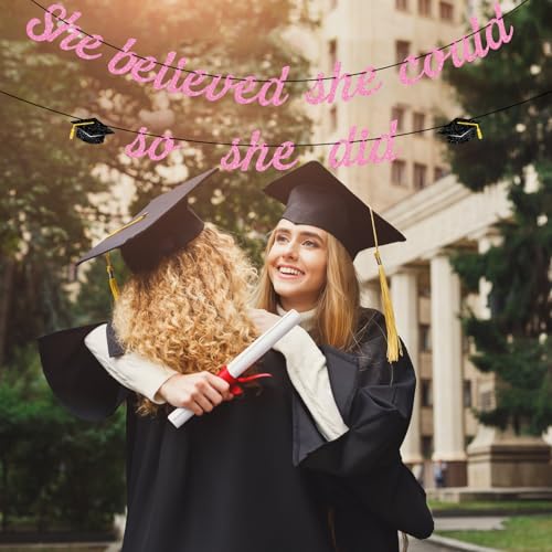 Image of Hoogict She Believed She Could So She Did Pink Graduation Banner Decorations She Did lt Banner for Girls Women Class of 2026 Congrats Grad Sign College Graduation Party Decorations