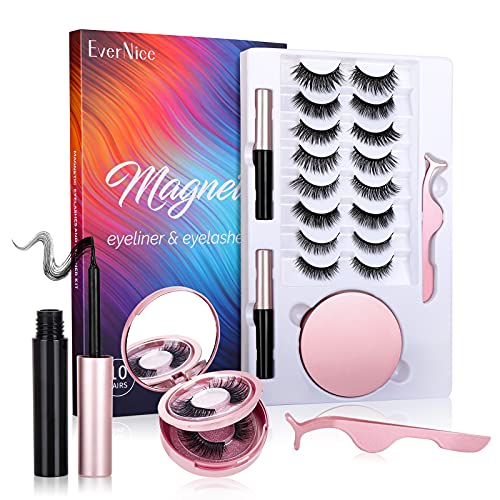 EverNice 2021 Upgraded Magnetic Eyelashes with Eyeliner, 10 Pairs Magnetic eyelashes,with Tweezers and Mirror Box Easy to Carry