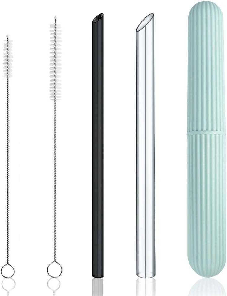 Reusable Eco-Friendly Glass Drinking Straws Set, 20cm x 8mm and 14mm with S/M Extra Large Size Brushes and Storage Container Travel Safe Case Box BPA Free for Smoothie Coffee Bubble Boba Tea (Black)