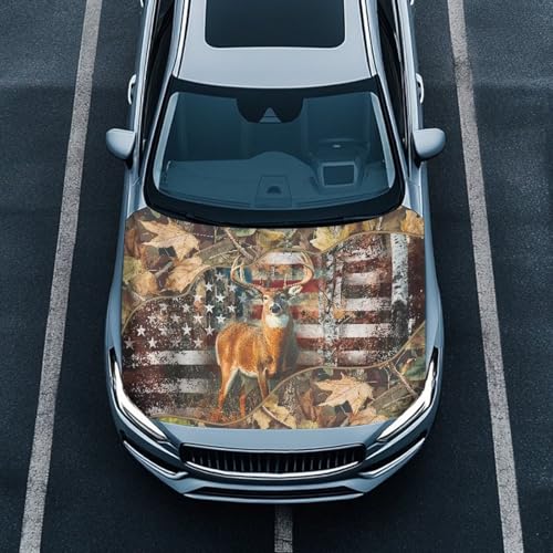 Image of 59x39 Inch Hood Cover for Compact Cars SUV Sedans Trucks, Waterproof Stretchable Deer American Flag Car Hood Wraps Auto Banner Auto Dcorative Accessories