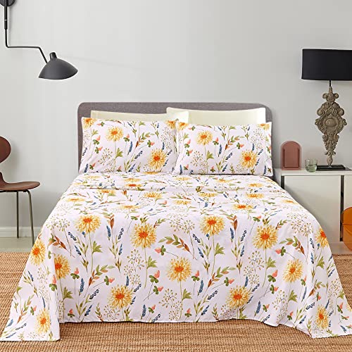 Jsd 6 Piece Yellow Floral Print Sheet Set Queen Size, Soft Botanical Microfiber Sheets And Pillowcases Deep Pocket #TOP6