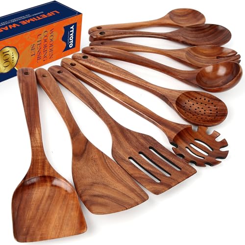 YTYOTO Wooden Spoons for Cooking, Natural Teak Wooden Kitchen Utensils Set, Essential Wooden Spoon Set (9Pcs)