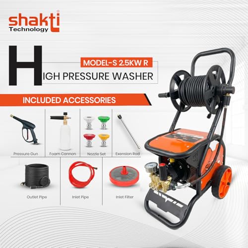 Image of Shakti Technology S-2.5KW R High-Pressure Washer, 2500W | Max 180 Bar Electric Power Cleaner with 12M Hose Reel, Professional Foam Cannon & 4 Nozzles for Car, Patio, and Heavy-Duty Cleaning