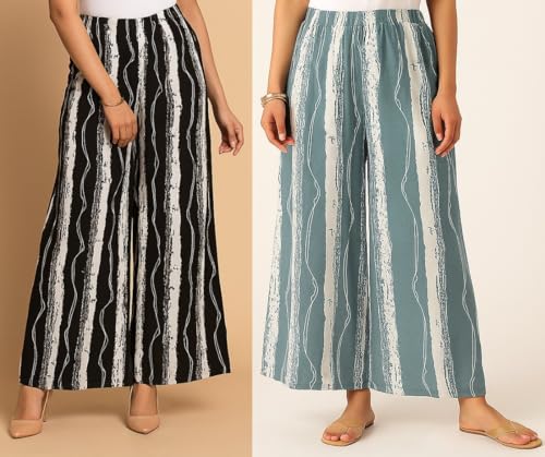 Image of PI World Printed Striped Western Mid Rise Palazzo /Trouser /Pant for Women /Girls Combo 2 (Waist 28 Inches to 36 Inches)