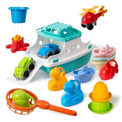 Image of Ferry Boat Toys Set with Helicopter 2 Cars | Baby Bath Toys for Toddlers with Stacking Cups | Baby Water Toy with Bath Boats Train for Girls and Boys