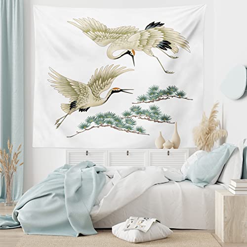 Lunarable Bird Tapestry, 2 Japanese Cranes Flying Traditional Painting Style Far Eastern Illustration, Fabric Wall Hanging Decor For Bedroom Living Room Dorm, 30" X 45", Ivory Green Black #TOP5