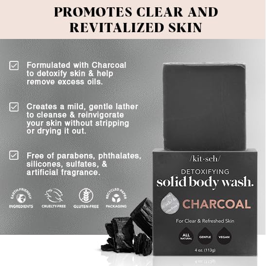 Image of Kitsch Charcoal Soap Body Wash Bar - Detoxifying Bar Soap with Activated Charcoal - Gently Removes Excess Oil & Impurities, Clears Pores, Firms & Moisturizes Skin - Made in USA - 4 oz