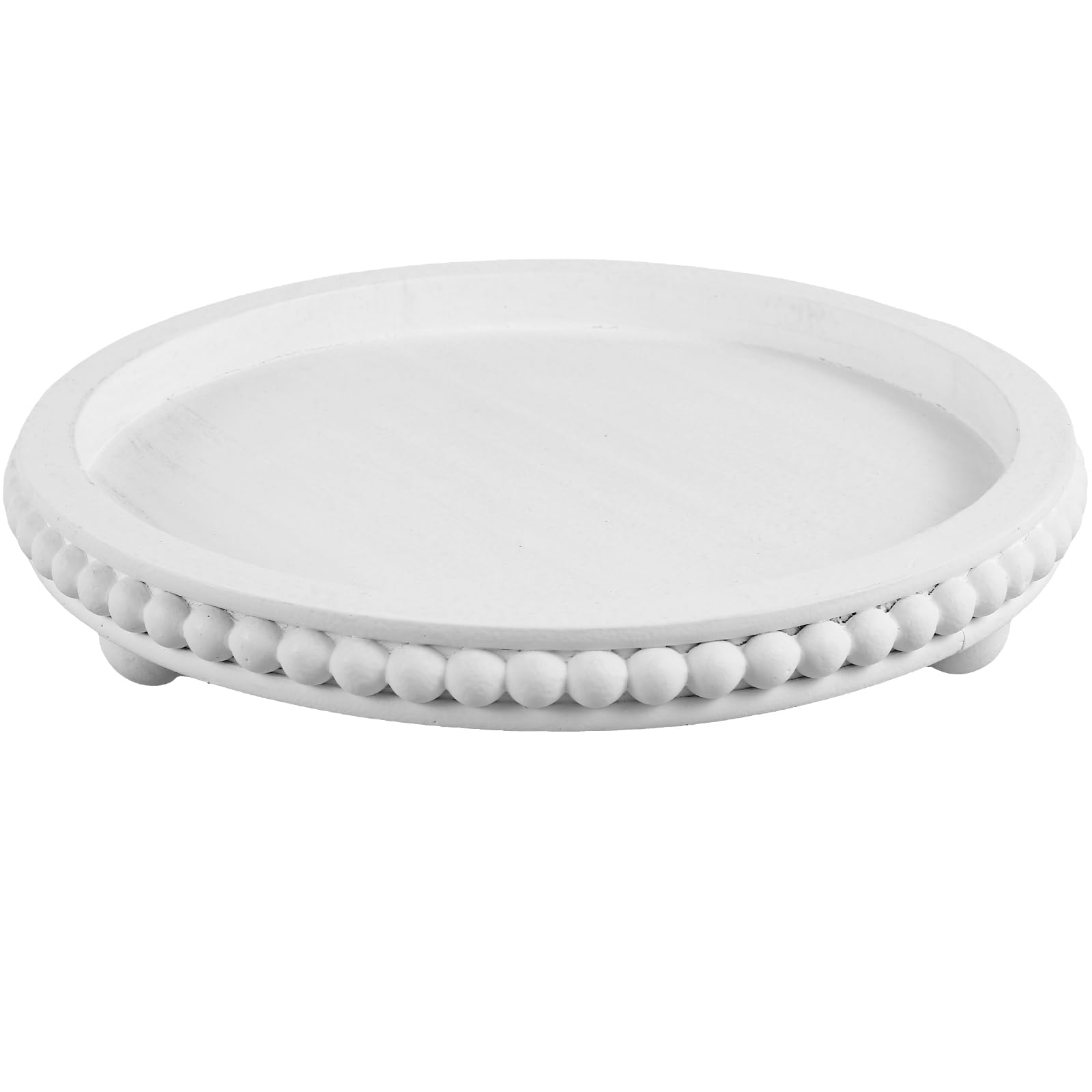 Round Wood Tray, Rustic Wood Beaded Serving Tray for Coffee Table and Centerpieces, Elegant Decorative Tray for Candle Holders and Tea Lights, Vanity Tray for Bedroom, Farmhouse Home Decor(White)