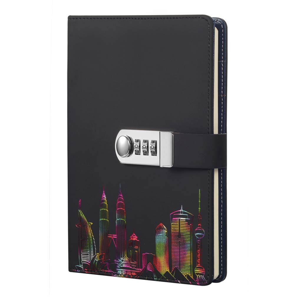 ToiM Nightscape Theme PU Leather Journal Writing Notebook Fashion Daily Notepad with Combination Lock, A5 Size Password Diary 220 * 150 mm