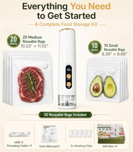 Image of Handheld Vacuum Sealer for Food, Compact Cordless Sealer, 30 Reusable Bags