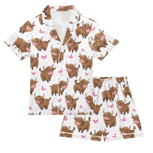 Cattle Butterfly Pattern Summer Satin Pajama Set, Cute Button-Down Sleepwear Pj Set for Sleep Wears