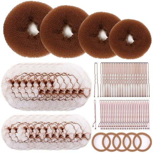 Donut Hair Bun Maker, 4PCS Light Brown Ring Style Bun Maker(Extra-Large,Large, Medium,Small) 20PCS(24inch&12inch) Hair Nets for Buns,5 Elastic Bands, 40 U Shaped and Bobby Hair Pins for Women Dance