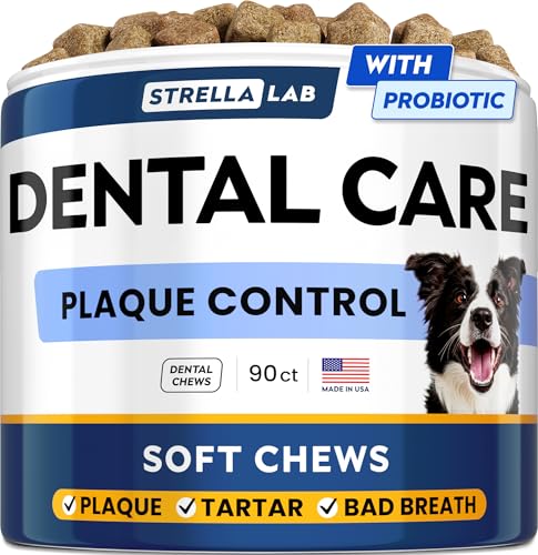 STRELLALAB Advanced Dog Dental Chews & Breath Freshener, Dog Teeth Cleaning, Bad Breath & Tartar and Plaque Off Remover for Dogs, Pet Oral Care, Pro Perio Support Lab Co Bright Formula - 90 Treats