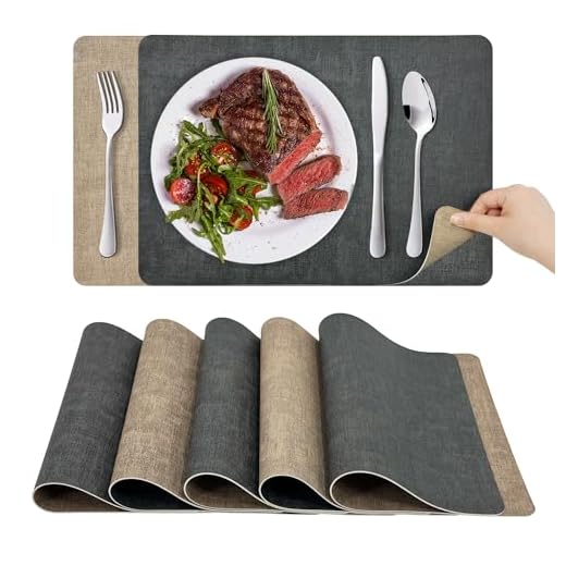 KitchenBoss Tovagliette Lavabili Tovaglietta Americana：Set di 6 Tovaglietta Colazione e Sottobicchieri, Bifacciale Antiscivolo Resistenti, Grigio Albicocca Rettangolare 43x30cm,10x10cm