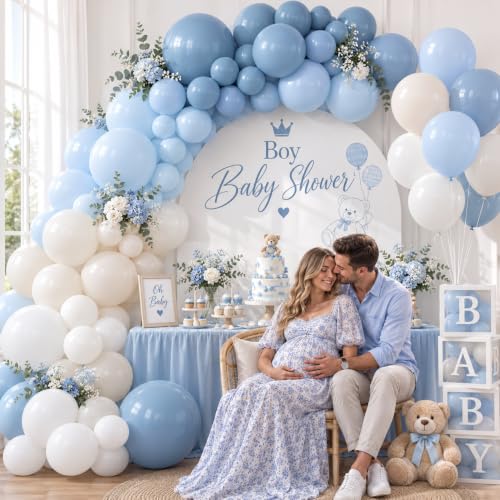 Image of Dusty Blue Balloons Garland Arch Kit, Haze Blue Sand White Balloon Arch Kit, Pastel Blue Beige Balloon for Baby Shower Gender Reveal Birthday Engagement Wedding Bridal Shower Party Decorations