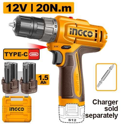 Image of INGCO 12V Cordless Drill Machine, 2 Speed Adjustment 400 /1500RPM, with 2Pcs Battery, Type C Charging CDLI12206