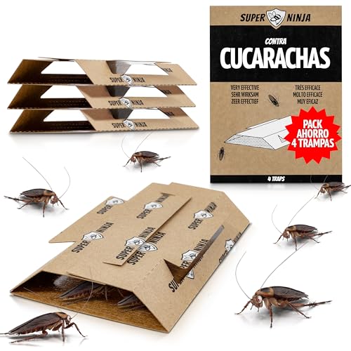 Super Ninja Trampas para Cucarachas – Pack de 4 Unidades, Trampa Adhesiva con atrayente Natural, Mata cucarachas sin tóxicos, Ideal para casa, Cocina, Garaje y despensa, duración hasta 3 Meses