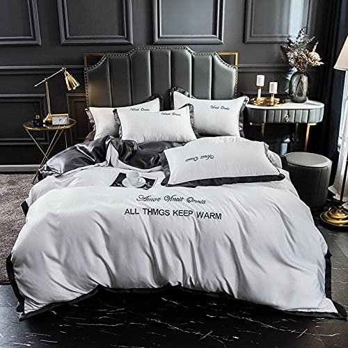 掛け布団カバーセット ダブルベッド、マイクロファイバー掛け布団カバーセット キングサイズ 寝具4点セット 枕カバー2枚付き 低刺激性で キルト掛け布団ベッド ソリッドカラー フライ (4個)