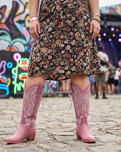 Image of Uillnoodu Wide Calf Cowboy Boots Women Adjustable Lace Up Knee High Tall Plus Size Cowgirl Boots Western Style Comfortable 2-Inch Heel