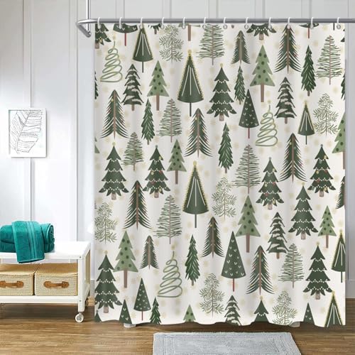 ChloropLastid Christmas Tree Shower Curtain Green Xmas Pine Tree Forest Snowflake Bathroom Curtain Winter Holiday Decorative Waterproof Polyester Fabric Set with Hooks 72x72 inch