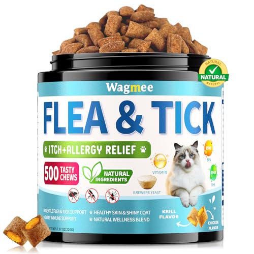 Natural Cat Flea and Tick Support – 500 Crunchy & Creamy Chews, Cats Fleas Supplement Chews with Nourished Skin & Coat Health, Cat Flea Support Chewables for All Breeds & Ages, Chicken Flavor