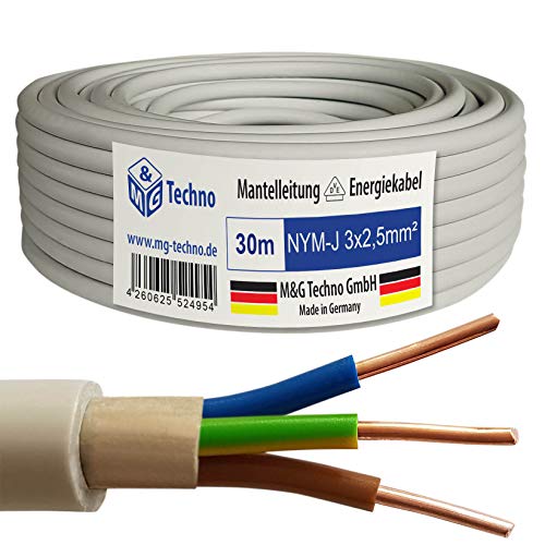 M&G Techno 30m NYM-J 3x2,5 mm² Mantelleitung Feuchtraumkabel Elektrokabel Kupfer Made in Germany, grau
