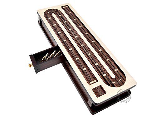 House of Cribbage - Continuous Cribbage Board / Box inlaid Rosewood 3 Tracks on Maple Board 12" : Sliding Lid : Drawer